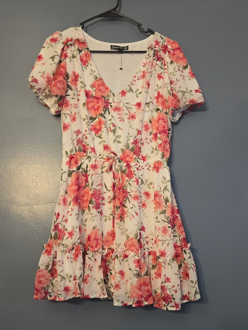 Crystal Doll Pink & White Floral V-Neck Tie-Waist Dress